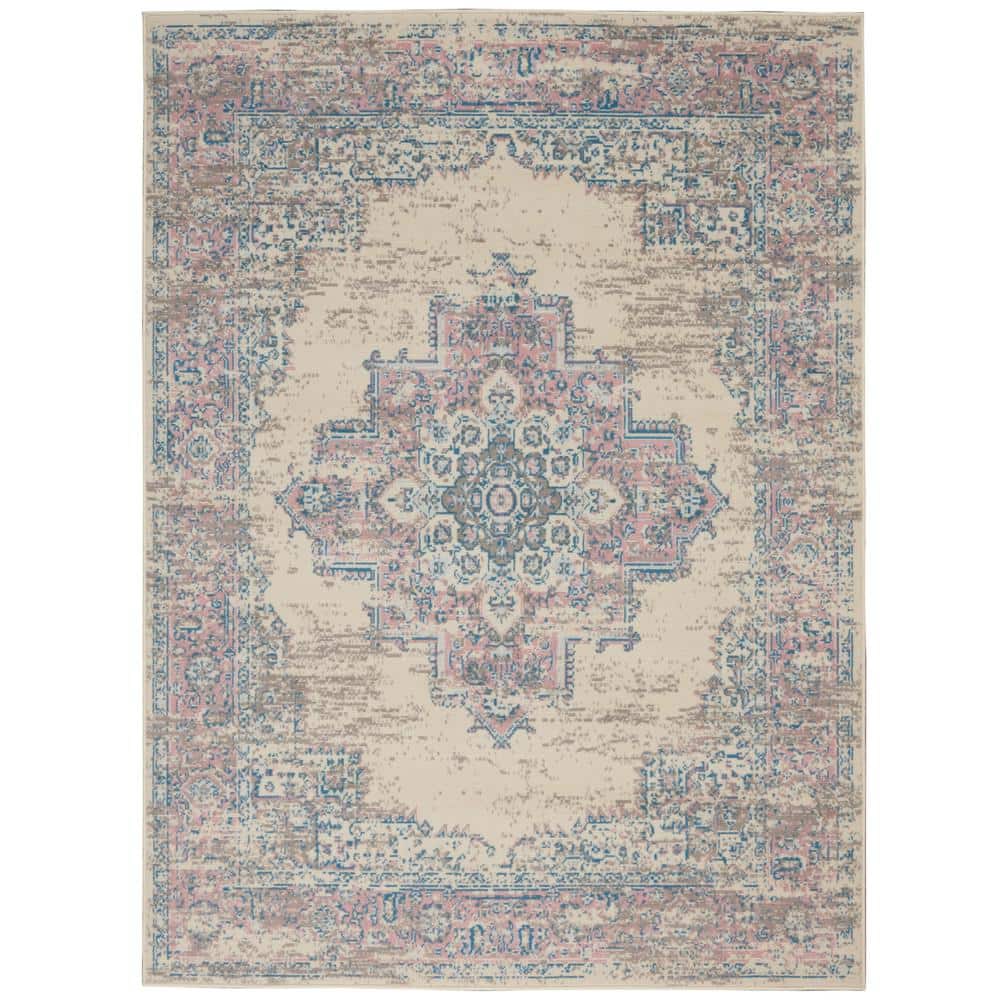 Ivory/Pink/Blue Hand-knotted Synthetic Medallion Area Rug