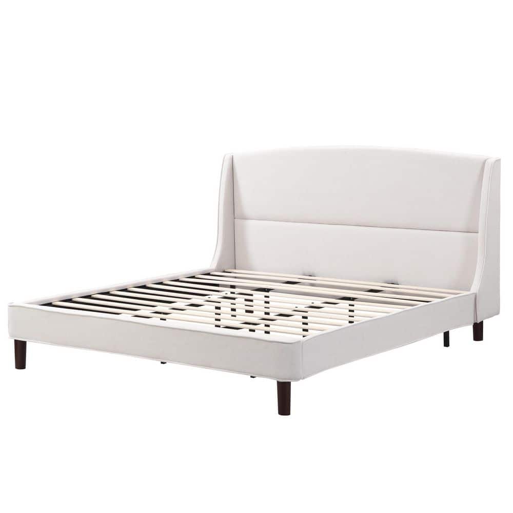 Core Beige Upholstered Wood Frame California King Size Platform Bed with Wingback Headboard - thumbnail 4