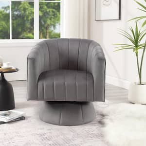 Grey Velvet Upholstered Comfy Swivel Accent Chair Mid Century Modern Barrel Chair for Living Room Bedroom