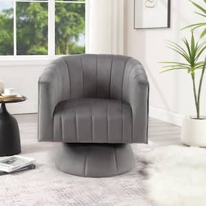 Modern Comfy Grey Velvet Upholstered Accent Chair Swivel Barrel Chair with Tufted Back and Solid Wood Base