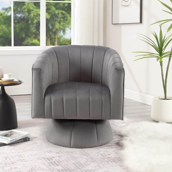Hochwertiges Modern Comfy Grey Velvet Upholstered Accent Chair Swivel Barrel Chair with Tufted Back and Solid Wood Base