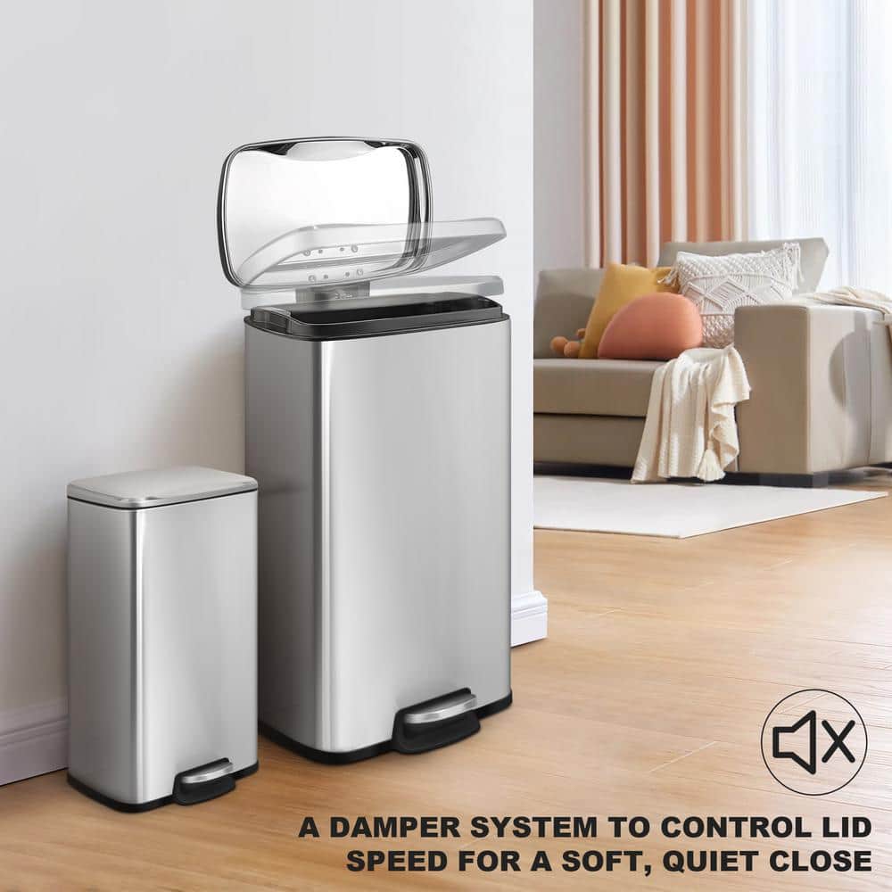 Fingerprint Resistant Brushed Stainless Steel Step-On Trash Can Set