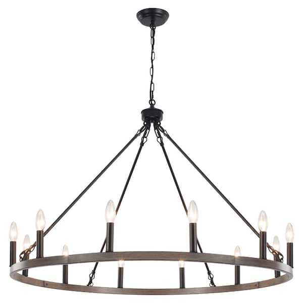 ZJVAIVE 12-Light Black/Wood GRain Classic Wagon Wheel Chandelier for Living Room Dinning Room with No Bulbs Included