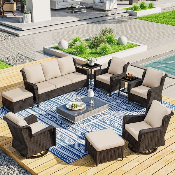 9-Piece Wicker Patio Furniture Conversation Set All-Weather Rattan Rocking Swivel Chairs with Beige Cushions