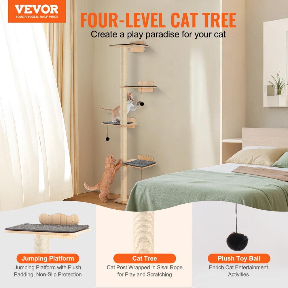Natural Pine Wood 4-Tier Wall-Mounted Cat Tree with Plush Pads