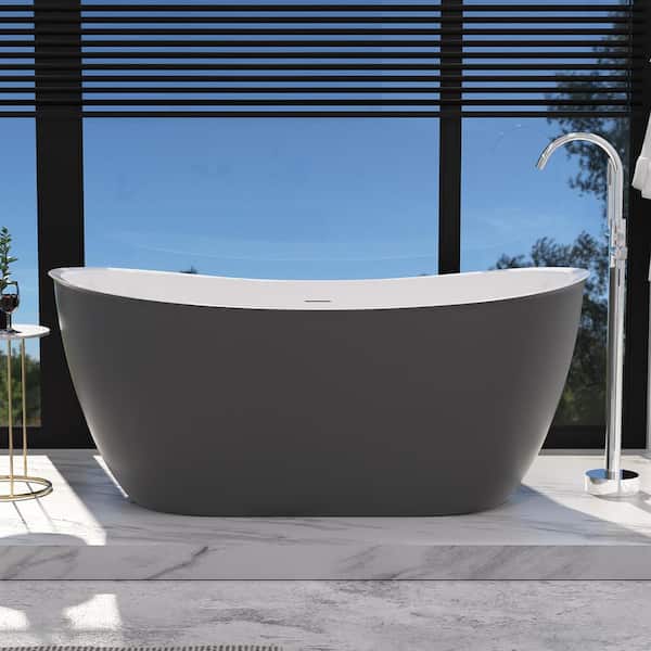 INSTER MUTE 59 in. Acrylic Flatbottom Freestanding Elegant Non-Whirlpool Double Slipper Soaking Bathtub in Gray