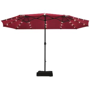 15 ft. Steel Market Solar Patio Umbrella in Red with LED Lights and Base Stand