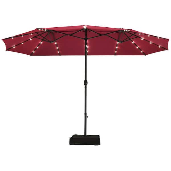 WELLFOR 15 ft. Steel Market Solar Patio Umbrella in Red with LED Lights and Base Stand
