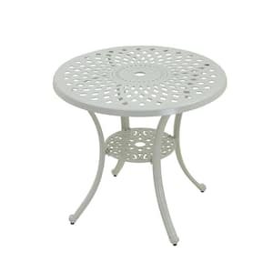 31 in. White Frame Round Cast Aluminum Outdoor Bistro Table with Umbrella Hole