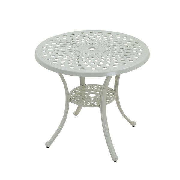 Kadehome 31 in. White Frame Round Cast Aluminum Outdoor Bistro Table with Umbrella Hole