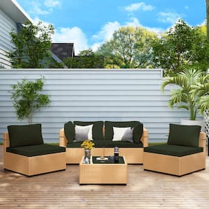 5-Piece Wicker Patio Conversation Seating Set with Dark Green Cushions