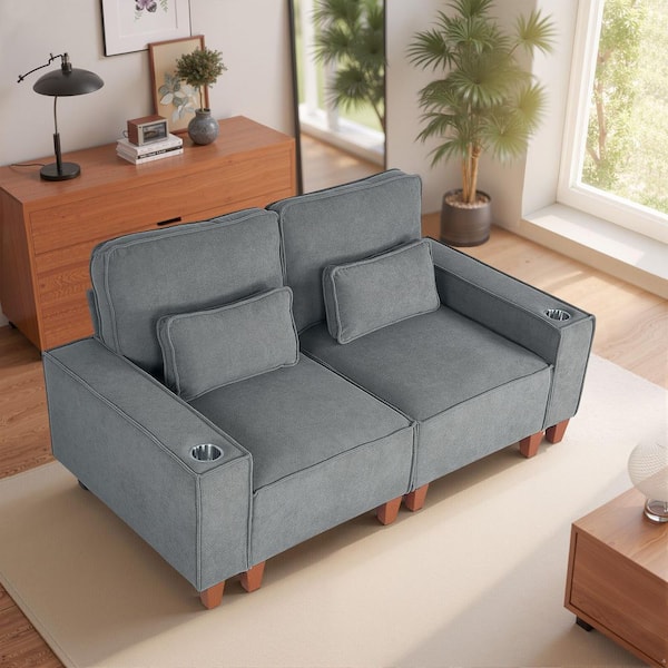 Chic 71 in. Square Armrest (2-Piece) Chenille Loveseat with 2-Cup Holder and Lumbar Pillow Sectional Sofa in Dark Gray