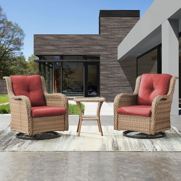 ArcoBay 3-Piece Yellow Wicker Outdoor Swivel Rocker Patio Chairs Patio Conversation Set with Olefin Red Cushions