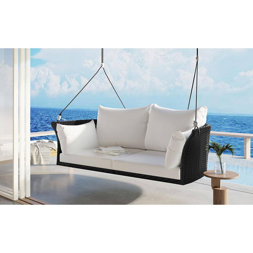 Black Wicker and White Cushion 2-Person Porch Swing
