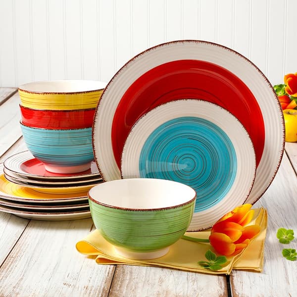 12pc Reactive Glaze Dinner Set Rustic Stoneware Multicolor Red Yellow Green Blue 