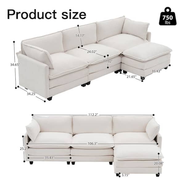 JEAREY 112.2 in. W 4-Piece Modern Fabric Looped Velvet Sectional Sofa with Ottoman in Beige QQSF-3-Beige