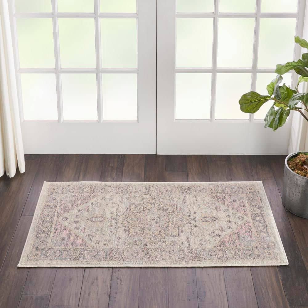 Handmade Vintage Kashan Ivory/Pink Easy-Care Rectangular Rug