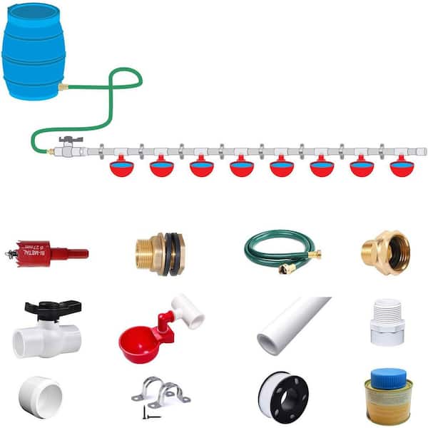 Automatic Chicken Watering System with Complete PVC Pipeline Set, 1/2 Tee Fittings, Connects to Water Tank