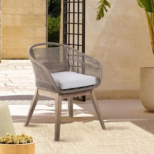 Tutti Frutti Cushioned Eucalyptus Wood Indoor Outdoor Dining Arm Chair in Light with Latte Rope and Grey Cushion