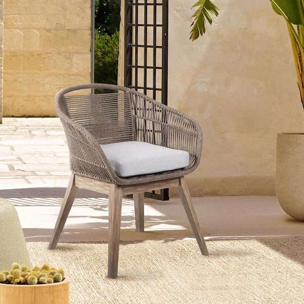 Armen Living Tutti Frutti Cushioned Eucalyptus Wood Indoor Outdoor Dining Arm Chair in Light with Latte Rope and Grey Cushion