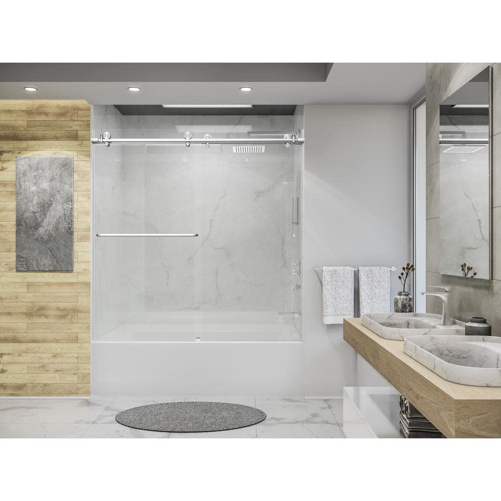 Eclipse 60" Frameless Brushed Nickel Sliding Tub Door with Clear Glass