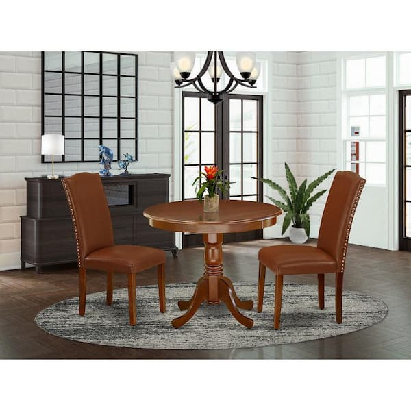 HOME IMPORTS EMPORIUM 3-Piece Round Mahogany Finish Solid Wood Top Dining Table with 2 Parson Chairs with Lattice Back