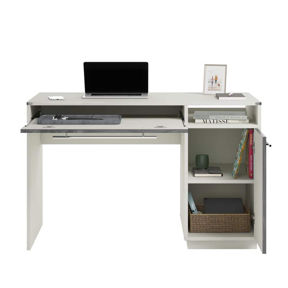 White Engineered Wood Desk with Keyboard Tray and Storage