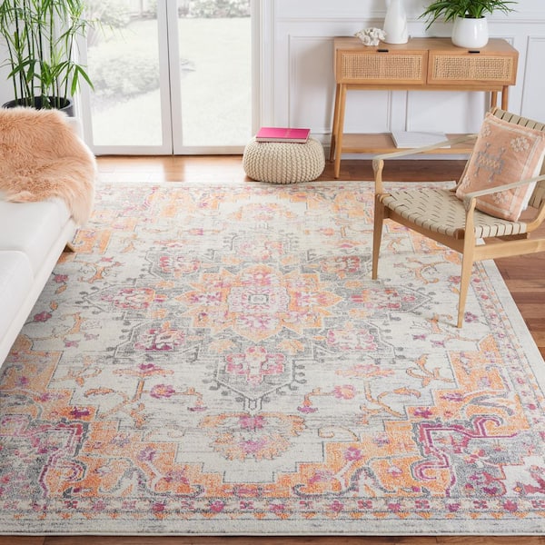 Madison Beige/Orange 8 ft. x 8 ft. Distressed Border Square Area Rug