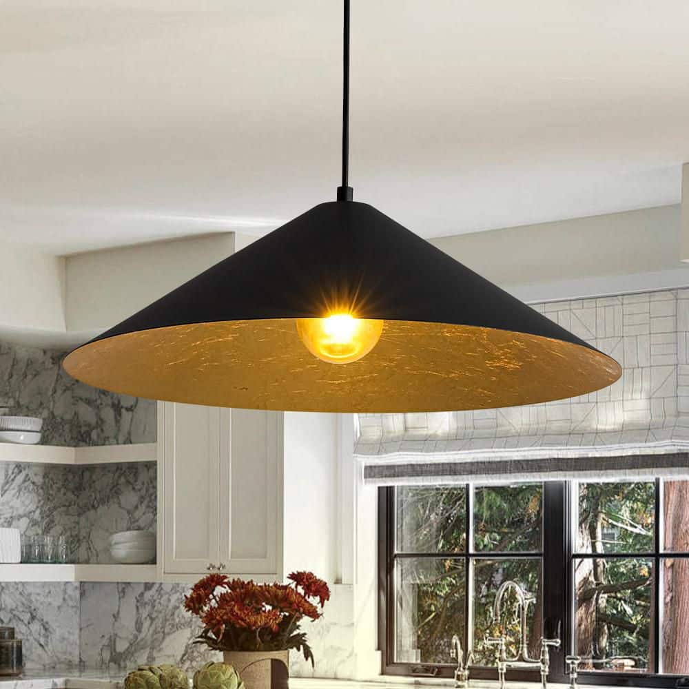 PCover 1-Light 23.6 in.W Black Pendant Light Kitchen Cone Barn Hanging Light with Gold Foil Accent price history on PriceWatchPro