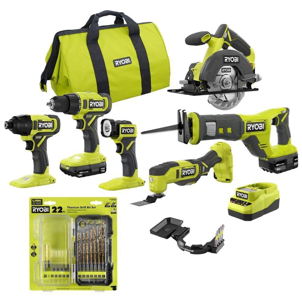 Ryobi ONE+ 18V Cordless 6-Tool Combo Kit with (2) Batteries, Charger, Titanium Drill Bit Set (22-Piece), and Accessories