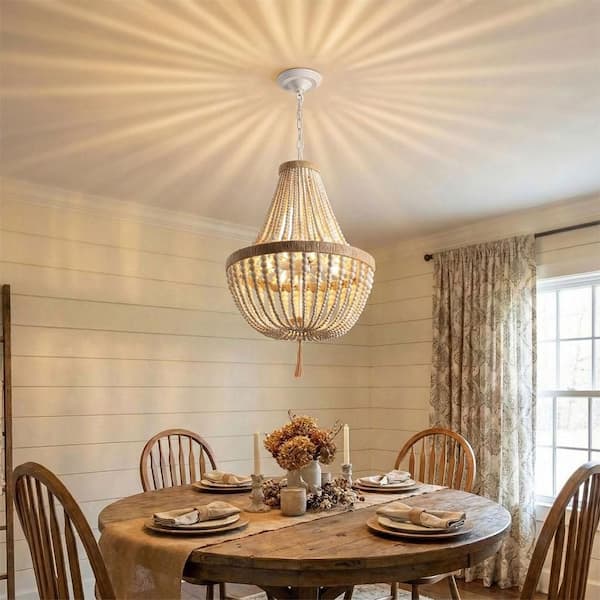 aiwen 18.9 in. 4-Light Bohemian Wood Beaded Chandelier Retro