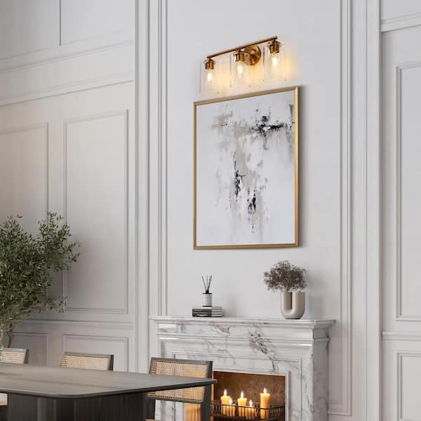 Modern 22.8 in. 3-Light Plated Brass Bathroom Vanity Light with Classic Cylinder Clear Glass Shade LED Compatible Sconce
