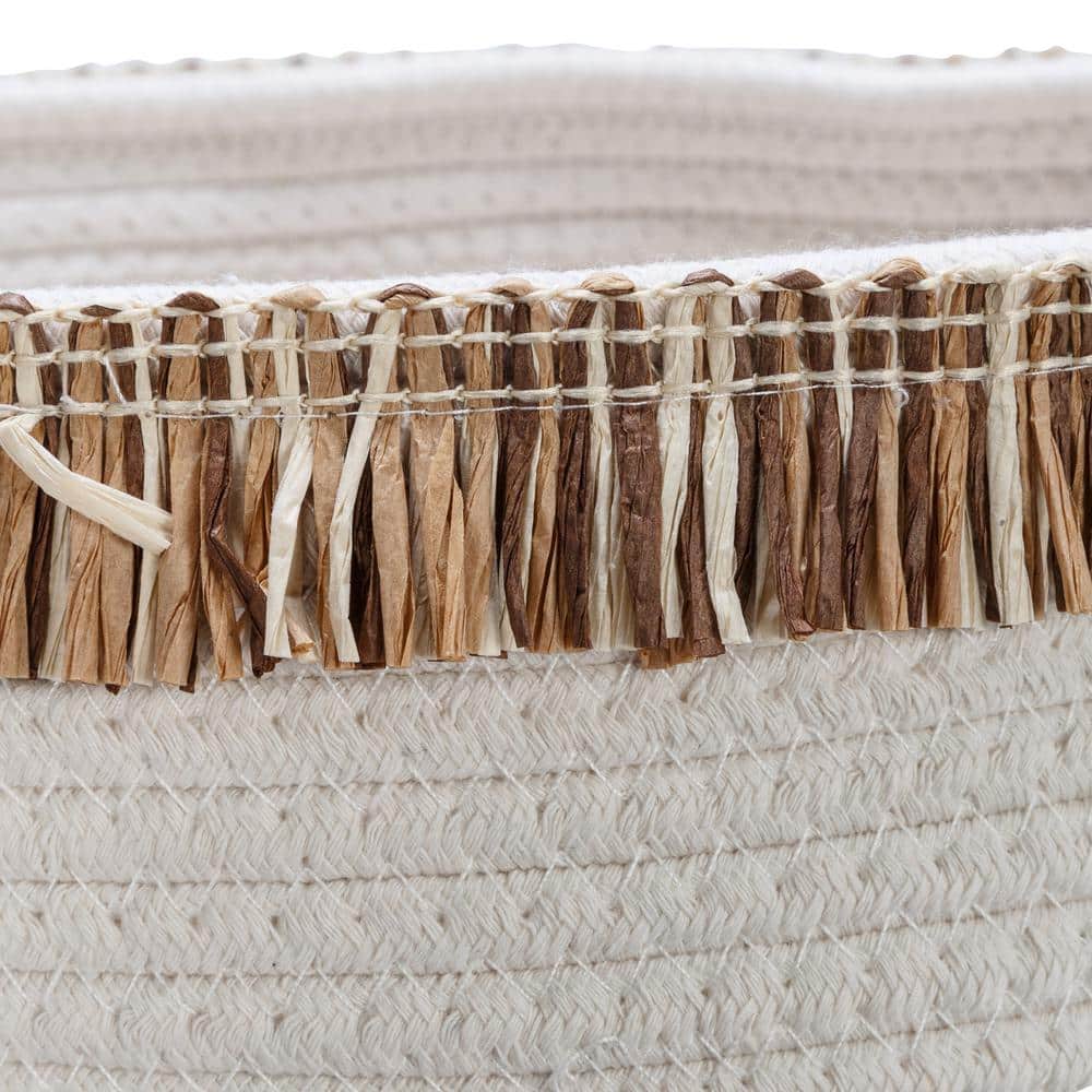 Set of 3 White Cotton Rope Round Baskets with Fringe