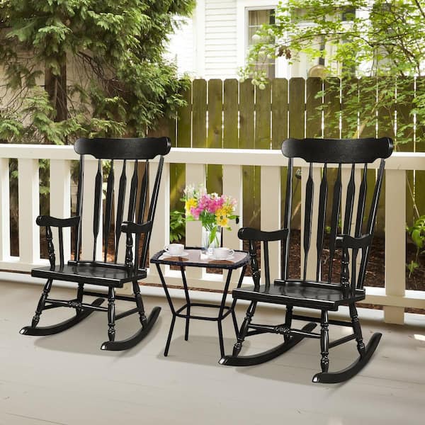 2-Piece Wood Outdoor Rocking Chair Single Rocker Indoor Garden Patio Yard Black