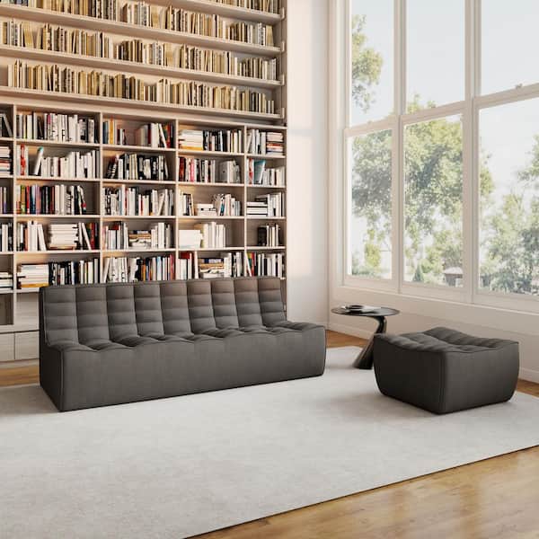 Set of 2 82 in. Black Modular Fireside Lazy Floor Sofa Couch Linen 3-Seater Loveseat Sectional Sofa with Ottoman