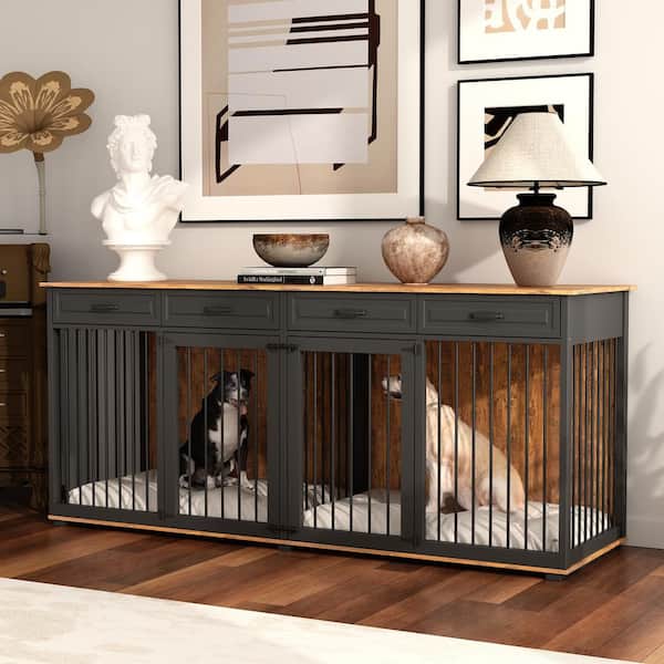 FUFU&GAGA Large Dog House, 86.6" Wooden Dog Crate Kennel with 4 Drawers and Divider, Dog Crates for 2 Large Dogs, Tiger Skin