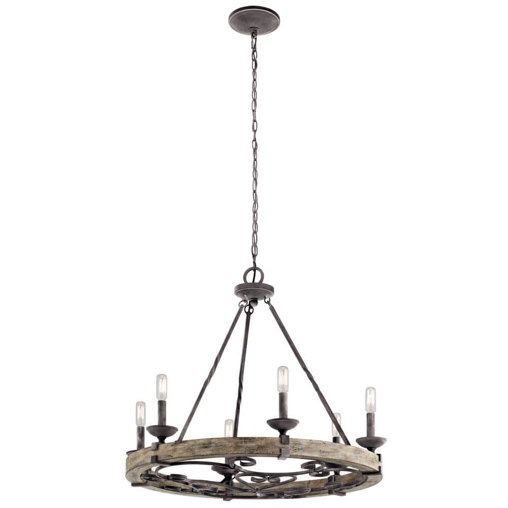 KICHLER Taulbee 28.5 in. 6-Light Weathered Zinc Farmhouse Wagon Wheel  Circle Chandelier for Dining Room 43823WZC - The Home Depot