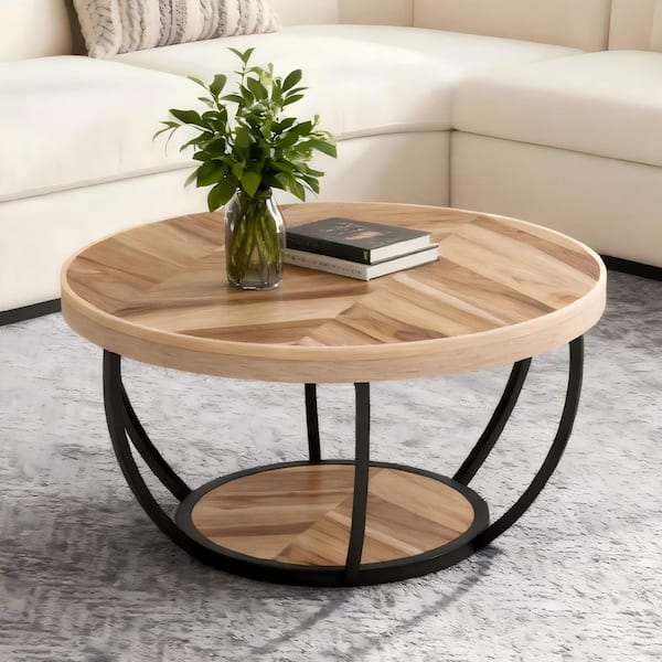 31.7 in. Farmhouse Brown Round Wood Coffee Table with Storage, 2-Tier Small Modern Center Table for Living Room, Office