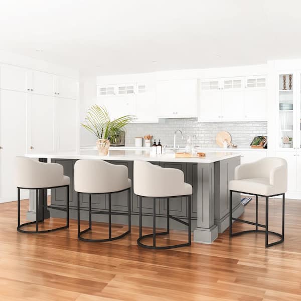 Crystal Beige 26 in.Counter Height Fabric Upholstered Bar Stool Kitchen Island Stool With Black Metal Frame Set of 4