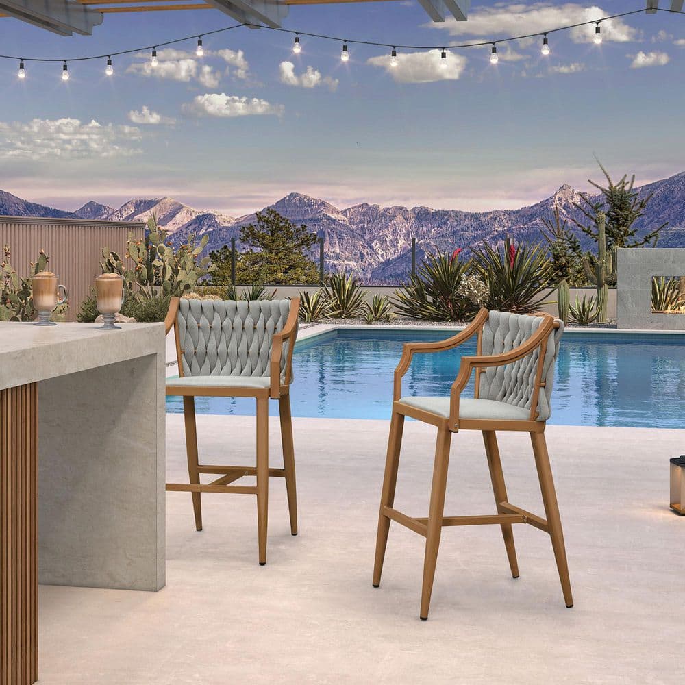 Aluminum Frame Bar Height Outdoor Bar Stool with Teak Cushion and Back for Kitchen and Garden (2 pack) price history on PriceWatchPro