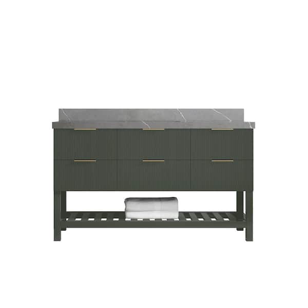 Willow Collections Catalina 60 in. Single Sink Freestanding Pewter Green Bath Vanity with Piatra Gray Qt. Top Unassembled