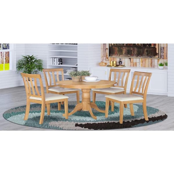 East West Furniture 5-Piece Round Natural Oak Finish Solid Wood Top Dining table with 4 Chairs with Lattice Back