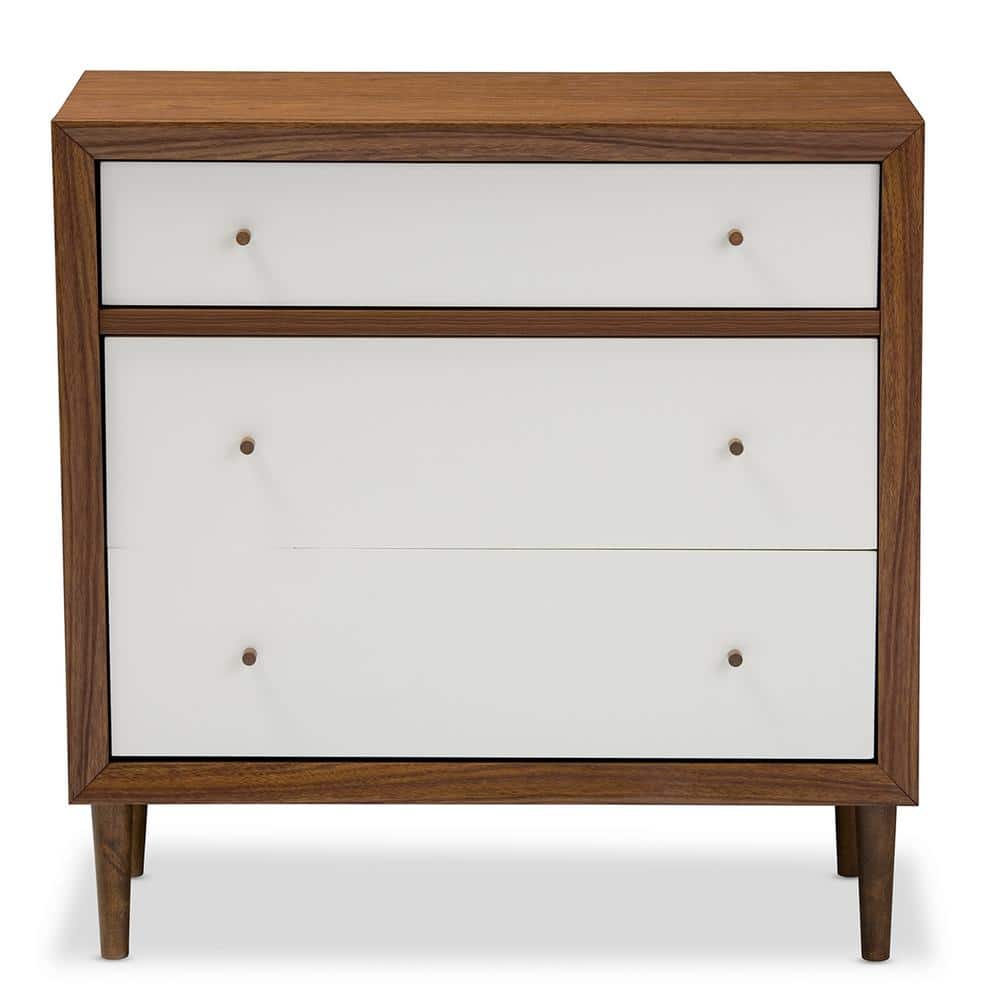 Harlow White and Walnut Mid-Century Modern 3-Drawer Chest