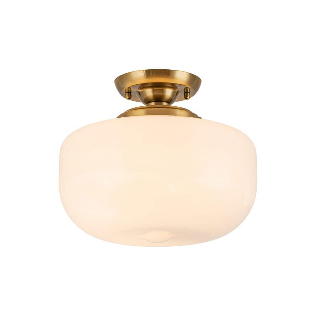 12 in. 1-Light Oval Brushed Brass Milk Glass Semi-Flush Mount for Bedroom price history on PriceWatchPro