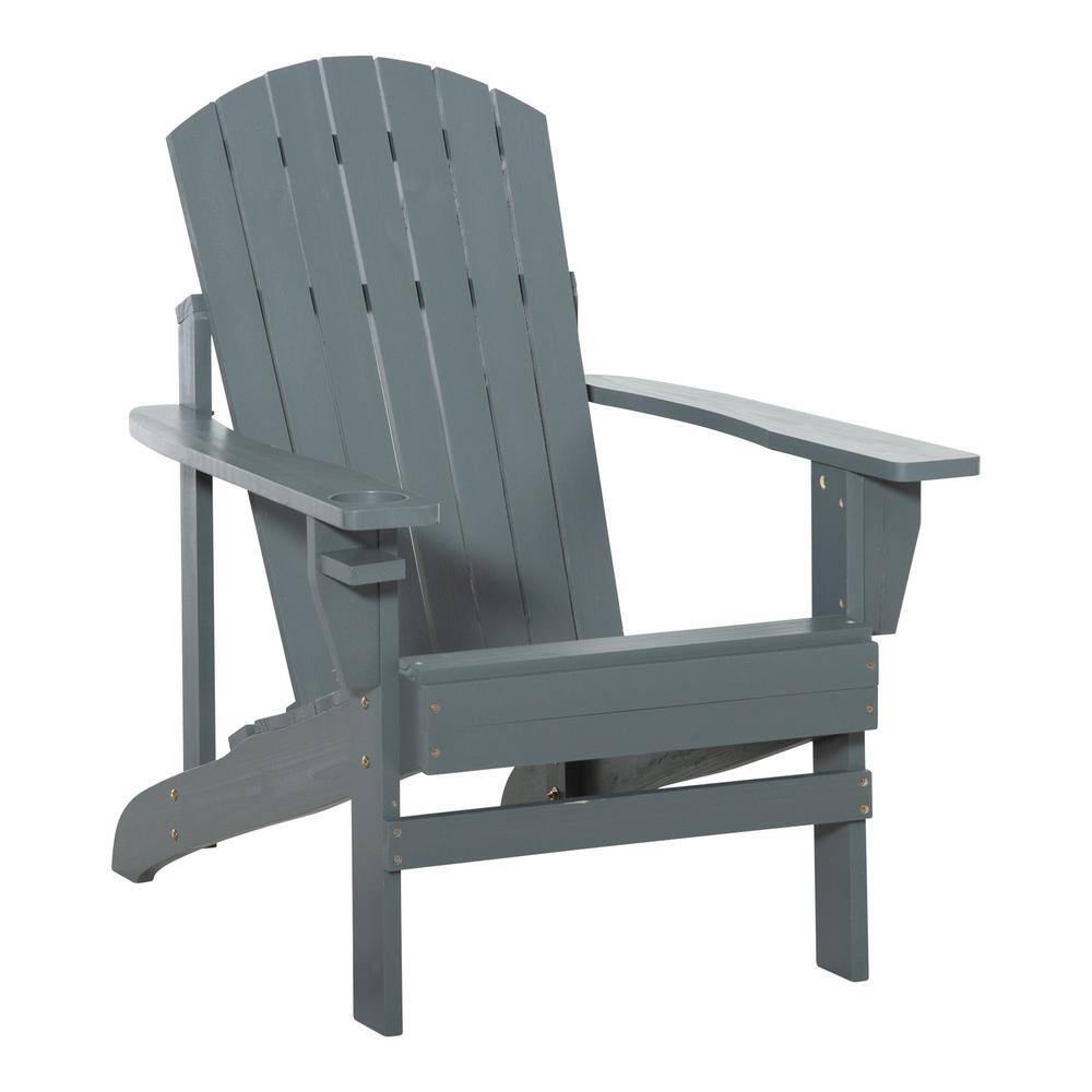 Dark Gray Wood Outdoor Patio Chair with Cup Holder, Weather Resistant ...