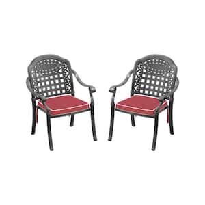 2-Piece Cast Aluminum Black Outdoor Dining Chairs with Random Colors Cushions for Patio Balcony and Backyard