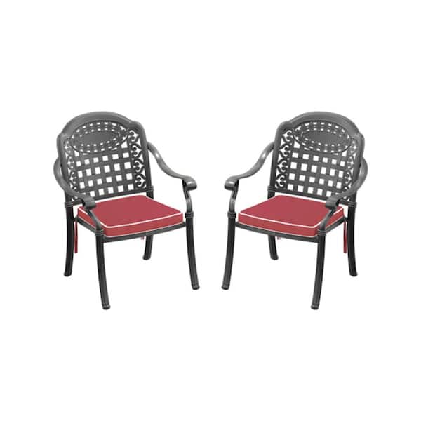 Misopily 2-Piece Cast Aluminum Black Outdoor Dining Chairs with Random Colors Cushions for Patio Balcony and Backyard