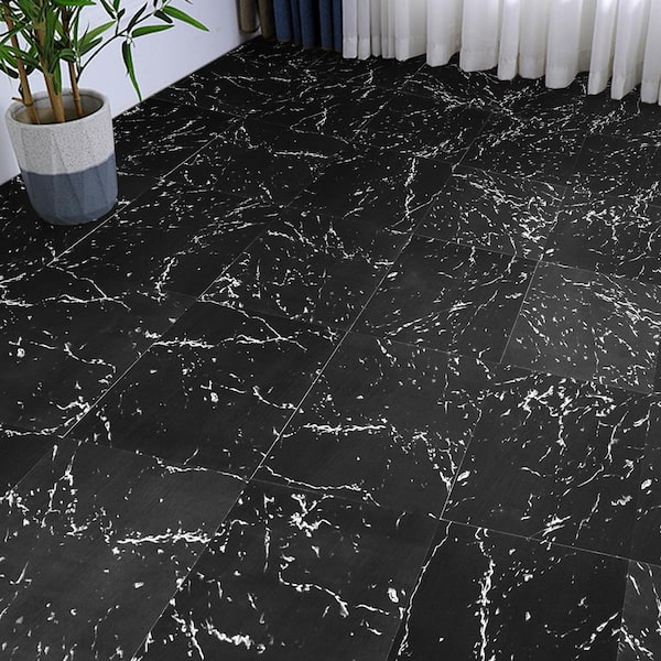 4 MIL 50 sq. ft. Peel and Stick Vinyl Floor Tiles 12 in. x 12 in. Black Marble Design DIY Installation Water Resistant