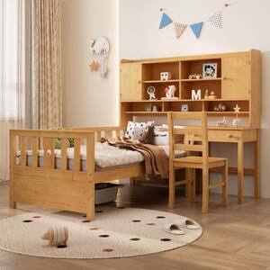 Natural Twin Size Multifunctional Platform Bed Kids Bed with Guardrails, Bookshelf, Built-in Desk and Matching Chair