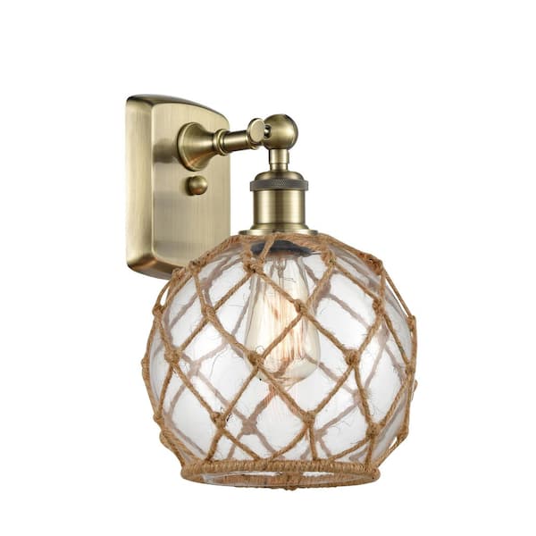Farmhouse Rope 1-Light Antique Brass Wall Sconce with Clear Glass Shade